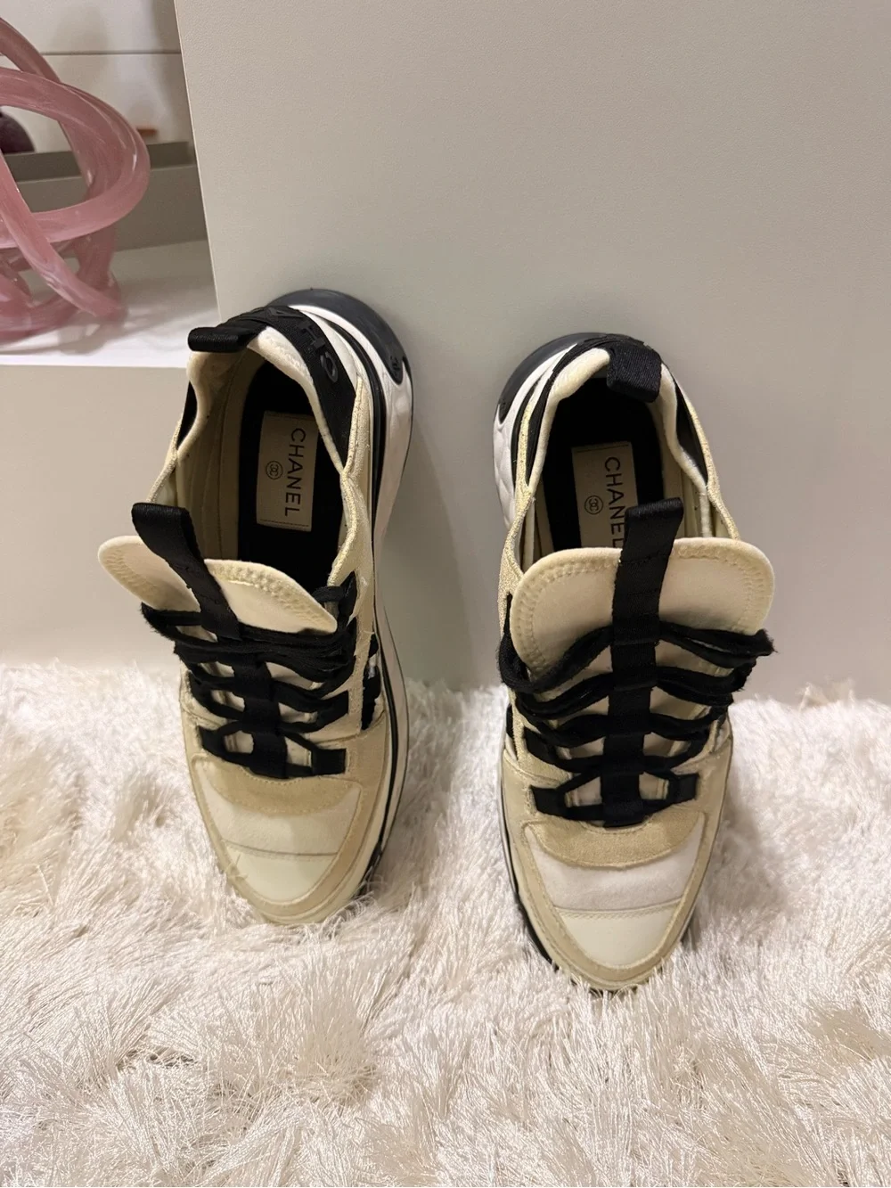 AUTHENTIC CHANEL Cream and Black Low-Top Sneakers with Gold Logo